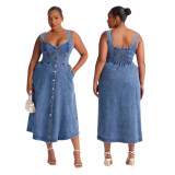 Women Sexy Sleeveless Backless Button Denim Dress