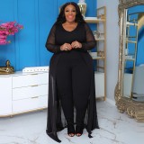 Plus Size Women Pocket Long Sleeve Patchwork Stretchy Jumpsuit