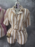 Women Spring/Summer African Short-Sleeve Striped Top and Shorts Two-Piece Set