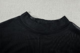Women Sexy Bandeau Ruffled Mesh High Neck Long Sleeve Bodycon Dress