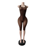 Women Halter Neck Stretch Sleeveless Knee-Length Jumpsuit