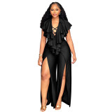 Plus Size Women Summer Sexy Ruffle Wide-Leg Slit Jumpsuit