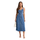 Women Sexy Sleeveless Backless Button Denim Dress