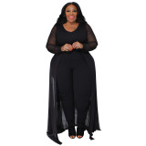 Plus Size Women Pocket Long Sleeve Patchwork Stretchy Jumpsuit