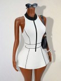 Women Zipper Color Block Sleeveless Half-High Neck Casual Dress