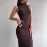 Spring Summer Women's Solid Color Turtleneck Sleeveless Slim Waist Bodycon Long Dress