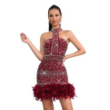 Women's Formal Party Strapless Beaded Feather Bodycon Evening Gown with Scarf Collar
