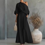 Spring Summer Women's Elegant Slim Waist Slash Shoulder Top and Pants Two-Piece Set