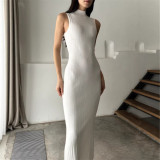 Spring Summer Women's Solid Color Turtleneck Sleeveless Slim Waist Bodycon Long Dress