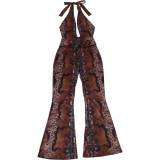 Spring Women's Deep V-Neck Lace-Up Low Back Halter Flared Leg Jumpsuit