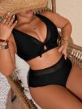 Plus Size Women's Mesh Patchwork Cutout Lace-Up High-Waist Two-Piece Bikini Swimsuit