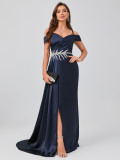 Women's Rhinestone Waist Trim Slit Strap Evening Gown