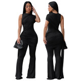 Summer Women's Round Neck One-Shoulder Ruched Ribbon  Jumpsuit