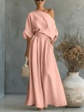 Spring Summer Women's Elegant Slim Waist Slash Shoulder Top and Pants Two-Piece Set