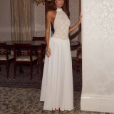 Women's Fashion Lace Patchwork Halter Neck Chiffon Slim Waist Maxi Dress