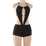 Spring Women's Cutout Low Back Lace-Up Halter Neck Bodycon Shorts Jumpsuit