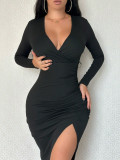 Spring Fall Women's V-Neck Slim Waist Bodycon Solid Color Dress