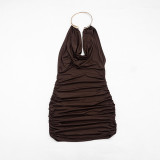 Summer Women's Solid Color Sleeveless Metal Ring Halter Cowl Neck Bodycon Dress