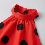 Women's Polka Dot Halter Neck Low Back Crop Top and Slim Waist Cascading Ruffle Long Skirt Set