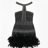 Women's Formal Party Strapless Beaded Feather Bodycon Evening Gown with Scarf Collar
