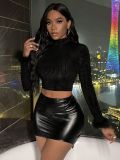 Women's Knitted Turtleneck Velvet Crop Top with Fuzzy Sleeves