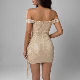 Women's Chic Off-Shoulder Sequin Solid Color Bodycon Evening Mini Dress