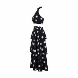 Women's Polka Dot Halter Neck Low Back Crop Top and Slim Waist Cascading Ruffle Long Skirt Set
