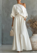 Spring Summer Women's Elegant Slim Waist Slash Shoulder Top and Pants Two-Piece Set