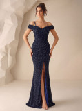 Women's Off-Shoulder High Slit Strap Evening Gown
