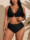 Plus Size Women's Mesh Patchwork Cutout Lace-Up High-Waist Two-Piece Bikini Swimsuit