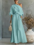 Spring Summer Women's Elegant Slim Waist Slash Shoulder Top and Pants Two-Piece Set