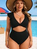 Plus Size Women's Ruffle Edge Waist Cutout One-Piece Swimsuit