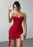 Women's Red Sequin Strap Ruffle Bodycon Party Mini Dress