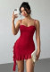 Women's Red Sequin Strap Ruffle Bodycon Party Mini Dress