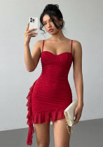 Women's Red Sequin Strap Ruffle Bodycon Party Mini Dress Women's Red Sequin Strap Ruffle Bodycon Party Mini Dress