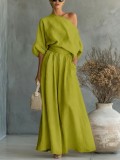 Spring Summer Women's Elegant Slim Waist Slash Shoulder Top and Pants Two-Piece Set