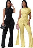 Summer Women's Round Neck One-Shoulder Ruched Ribbon  Jumpsuit