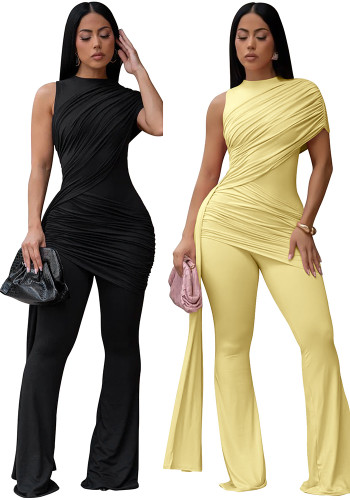 Summer Women's Round Neck One-Shoulder Ruched Ribbon  Jumpsuit