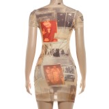 Spring Women's Printed Short Sleeve Bodycon Mini Dress
