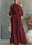 Spring Summer Women's Elegant Slim Waist Slash Shoulder Top and Pants Two-Piece Set