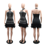 Women's Formal Party Strapless Beaded Feather Bodycon Evening Gown with Scarf Collar