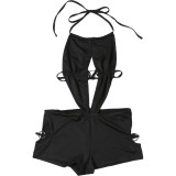 Spring Women's Cutout Low Back Lace-Up Halter Neck Bodycon Shorts Jumpsuit