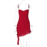 Women's Red Sequin Strap Ruffle Bodycon Party Mini Dress