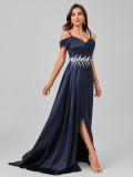 Women's Rhinestone Waist Trim Slit Strap Evening Gown