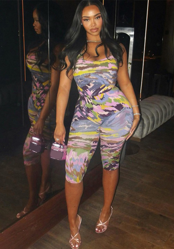 Summer Women's Colorblock Bodycon Bodysuit and Cropped Pants Set