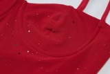 Women's Red Sequin Strap Ruffle Bodycon Party Mini Dress