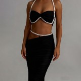 Women's Pearl Embellished Bandeau Top and Low-Waist Bodycon Maxi Skirt Set