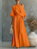Spring Summer Women's Elegant Slim Waist Slash Shoulder Top and Pants Two-Piece Set