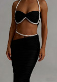 Women's Pearl Embellished Bandeau Top and Low-Waist Bodycon Maxi Skirt Set