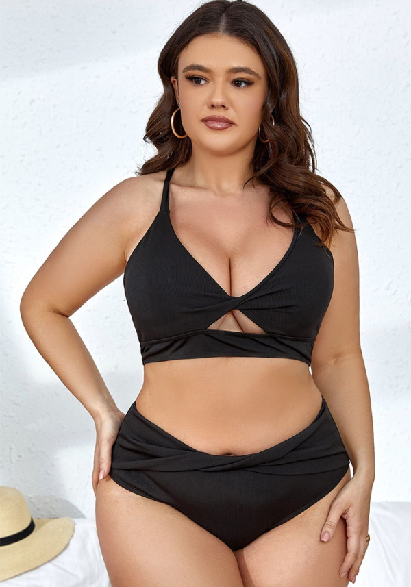 Plus Size Women's Ribbed Back Cutout Crisscross Tie Two-Piece Bikini Swimsuit